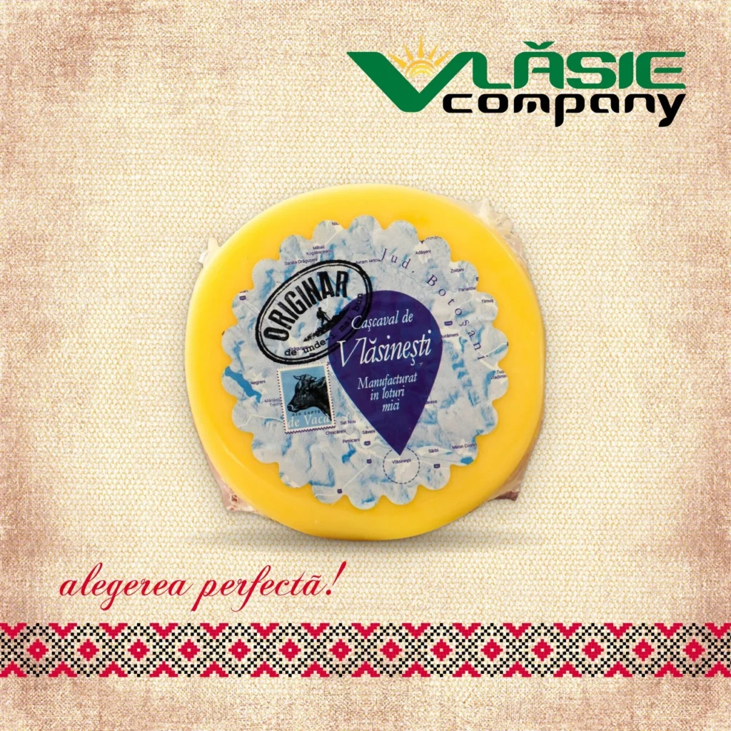 Cașcaval de Vlăsinești Vlăsie Company, rotund, cu etichetă albastră